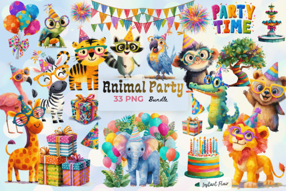 Animal Party Clipart Bundle: Vibrant Graphics for Every Project