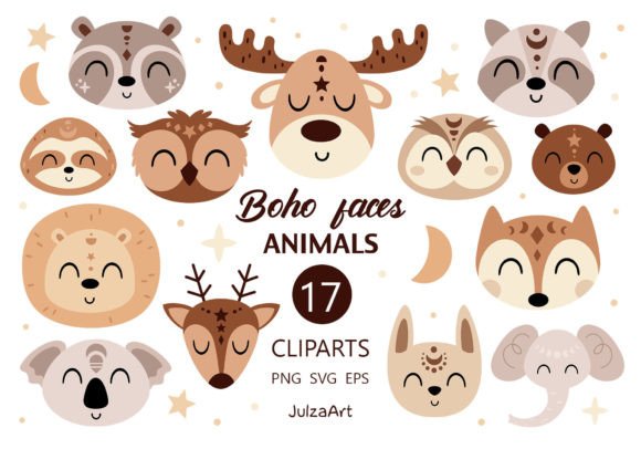 Boho Animals Faces Clipart: Adorable Animal SVGs for Modern Projects