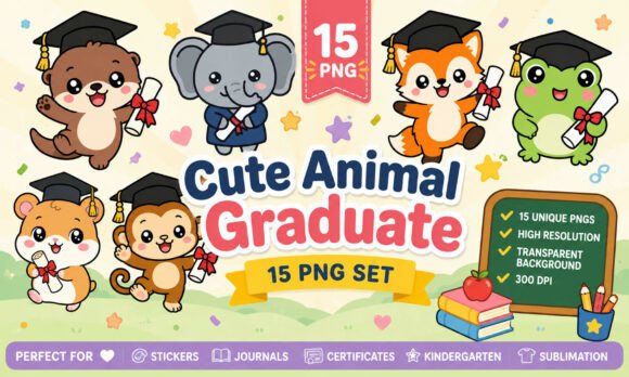 Cute Animal Graduate PNG Clipart Bundle for Designers