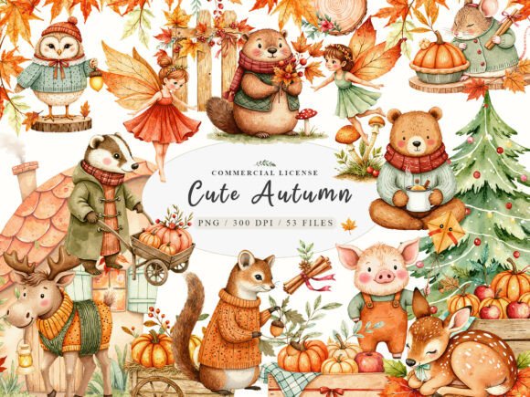 Enchanting Watercolor Cozy Autumn Fairy & Cute Animal Designs