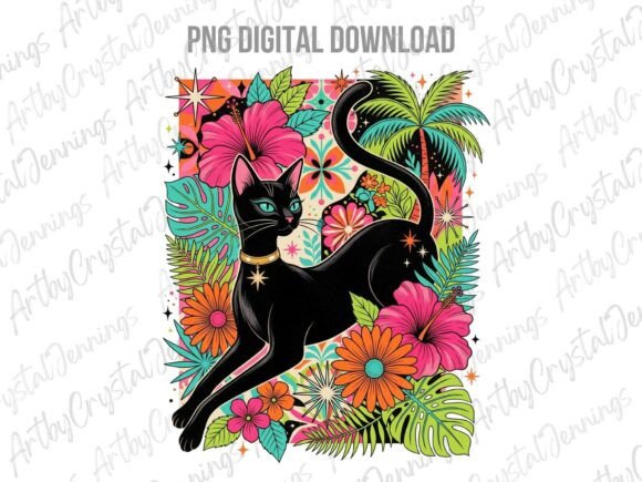 Retro 70s Tropical Black Cat PNG: A Vintage Vibe for Modern Creations
