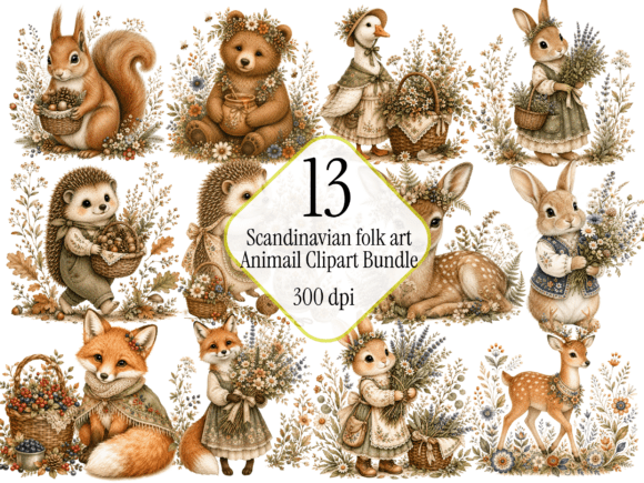 Scandinavian Woodland Animal Clipart Bun: A Folk Art Forest Collection